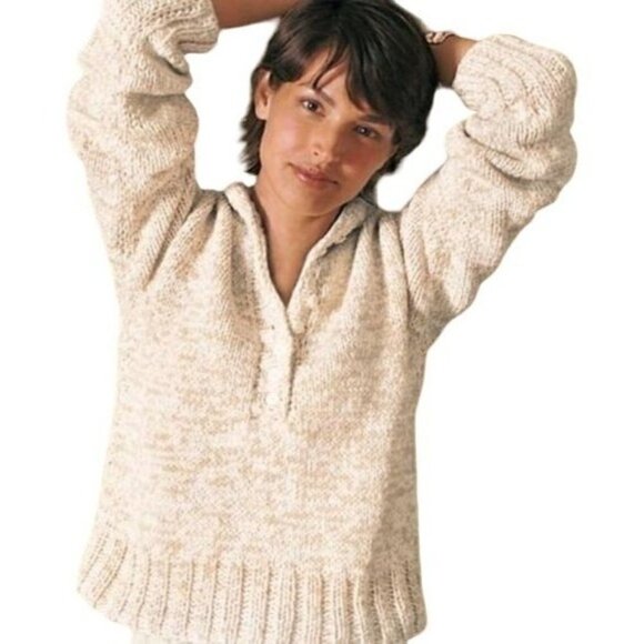Soft Surroundings Beige Cotton Button Front‎ Hooded Knit Pullover Sweater Size S - Picture 1 of 9